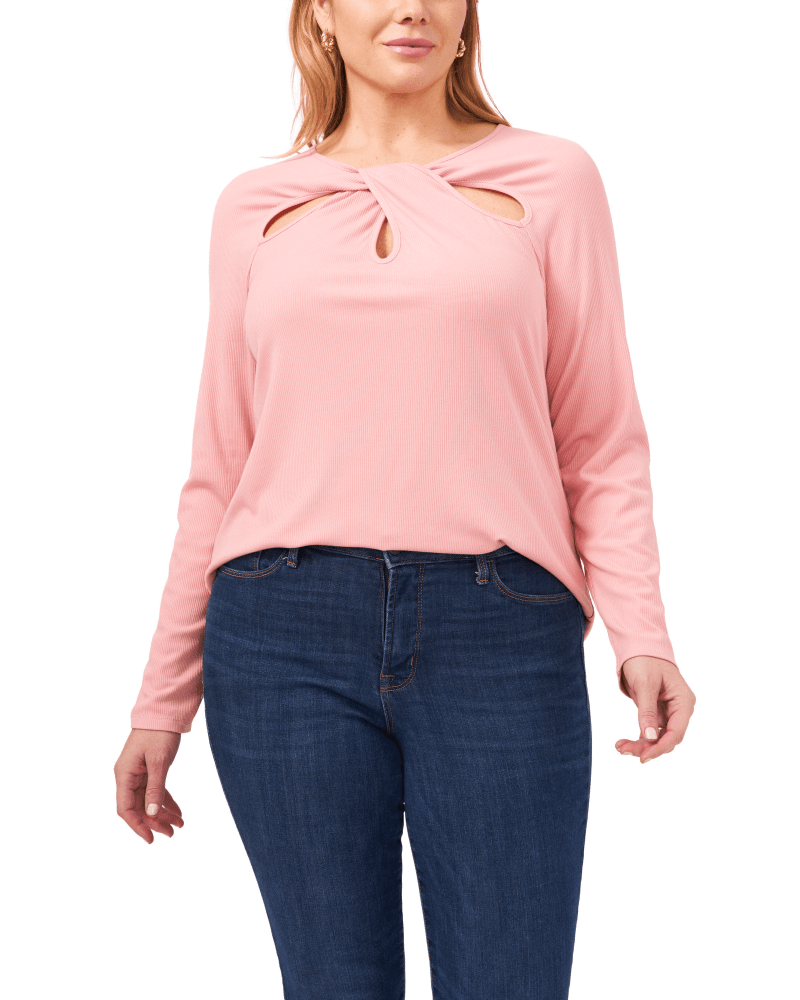 Front of a model wearing a size 0X Everly Keyhole Top in BLUSH by 1.State. | dia_product_style_image_id:262042